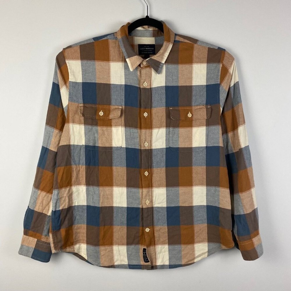 Lucky Brand - Button Up Saturday Stretch Flannel Shirt XL Plaid - Orange/Blue